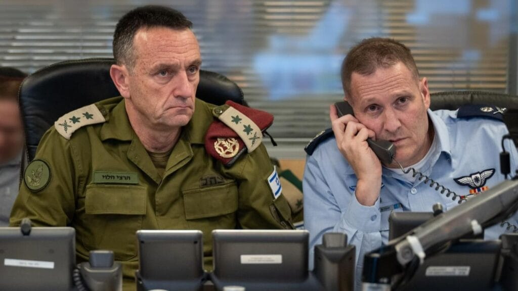 Israeli Chief of General Staff Lt. Gen. Herzi Halevi meets with Air Force Commander Maj. Gen. Tomer Bar in the underground command center at Camp Rabin (The Kirya).