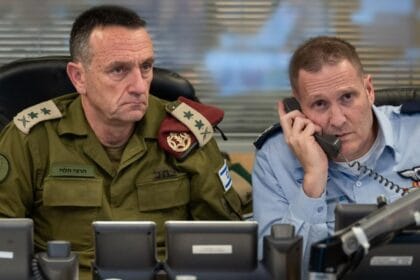 Israeli Chief of General Staff Lt. Gen. Herzi Halevi meets with Air Force Commander Maj. Gen. Tomer Bar in the underground command center at Camp Rabin (The Kirya).