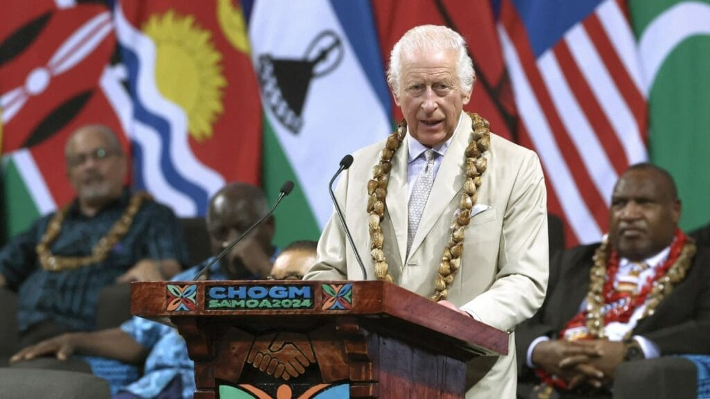 Britain's King Charles III speaks at the opening ceremony of the Commonwealth Heads of Government Meeting in Apia, Samoa, on October 25, highlighting themes of unity and historical reconciliation.