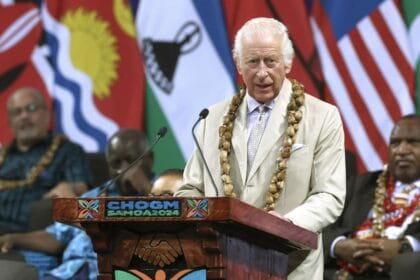 Britain's King Charles III speaks at the opening ceremony of the Commonwealth Heads of Government Meeting in Apia, Samoa, on October 25, highlighting themes of unity and historical reconciliation.