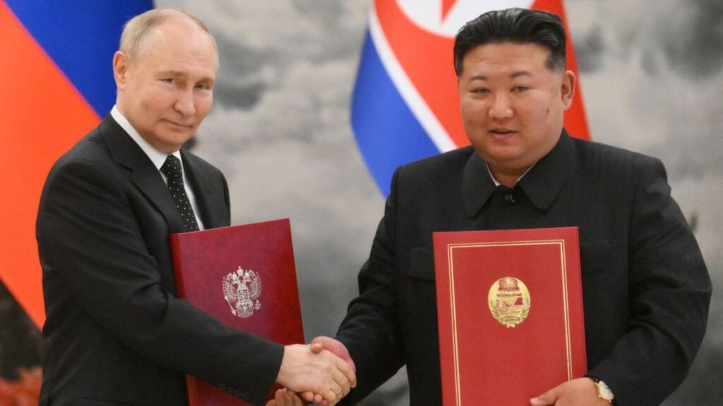 Russian President Vladimir Putin meets with North Korean leader Kim Jong-un after their discussions at the Kumsusan State Residence in Pyongyang, June 19, 2024.