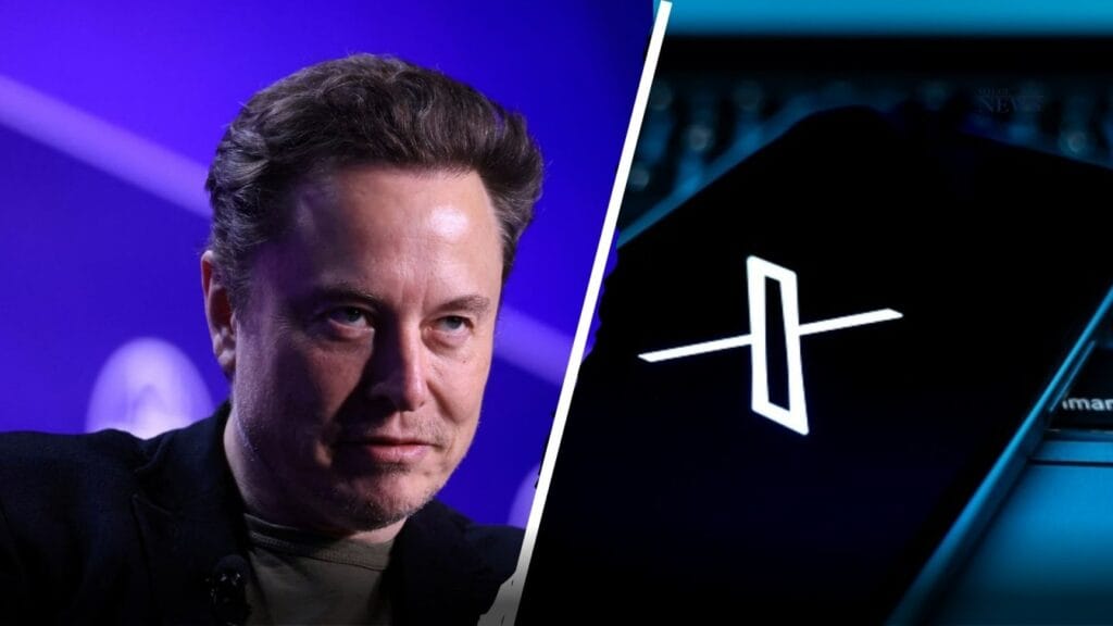 In the image, Elon Musk is depicted with a mischievous, devilish look on one side, symbolizing controversy, while the X platform logo is displayed on the other side. This contrast represents the heated discussions around X’s role in spreading misinformation ahead of the US elections. The background hints at social media influence, with dark, dramatic tones adding to the intensity of the scene.