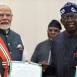 Nigerian President Bola Ahmed Tinubu presents Nigeria’s second-highest honor, the Grand Commander of the Order of the Niger (GCON), to Prime Minister Narendra Modi during a ceremony in Abuja on Sunday.