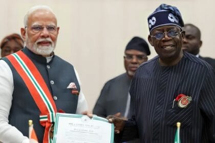 Nigerian President Bola Ahmed Tinubu presents Nigeria’s second-highest honor, the Grand Commander of the Order of the Niger (GCON), to Prime Minister Narendra Modi during a ceremony in Abuja on Sunday.