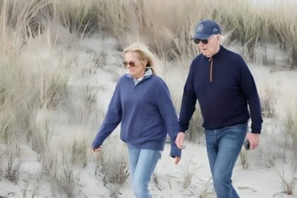 U.S. President Joe Biden and First Lady Jill Biden take a walk along Gordons Pond at Rehoboth Beach, Delaware, on November 10, 2024.