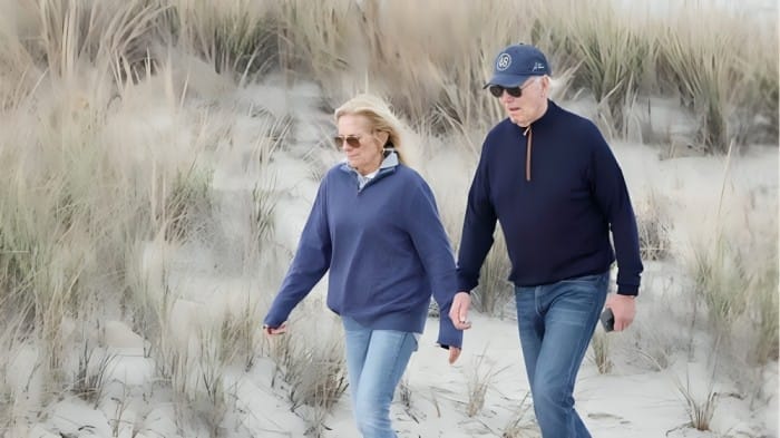 U.S. President Joe Biden and First Lady Jill Biden take a walk along Gordons Pond at Rehoboth Beach, Delaware, on November 10, 2024.