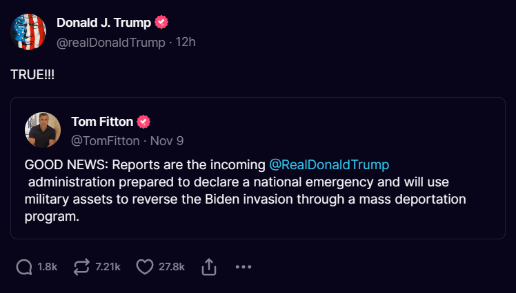 Screenshot of Donald Trump's post on Truth Social, confirming his plan to declare a national emergency and use military assets for mass deportations.