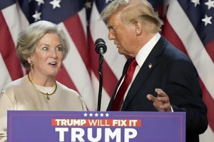 Republican presidential nominee and former U.S. President Donald Trump commends his senior campaign advisor, Susie Wiles, at an election night event held on November 6, 2024, at the Palm Beach Convention Center in West Palm Beach, Florida.