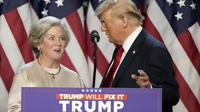 Republican presidential nominee and former U.S. President Donald Trump commends his senior campaign advisor, Susie Wiles, at an election night event held on November 6, 2024, at the Palm Beach Convention Center in West Palm Beach, Florida.